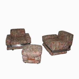 Floral Armchairs and Ottoman Set, 1970s, Set of 3-EH-540915