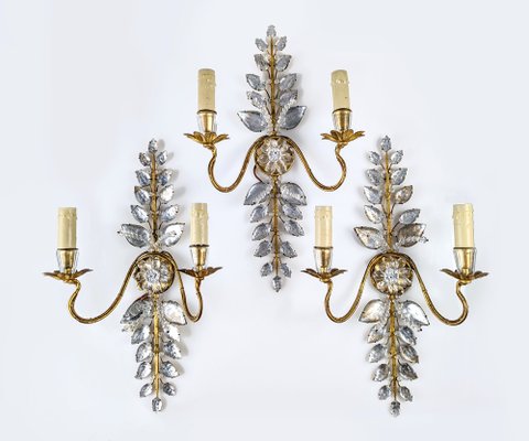 Floral Wall Lights in Crystal and Gold Metal from Maison Baguès, 1890s, Set of 3-JJT-1793835