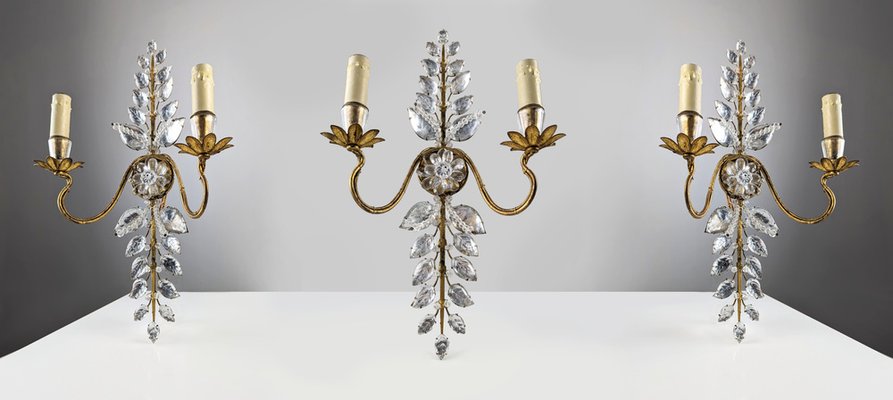 Floral Wall Lights in Crystal and Gold Metal from Maison Baguès, 1890s, Set of 3-JJT-1793835