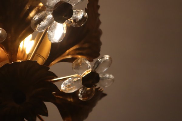 Florentine Floral Gold Ceiling Light with Crystal Flowers, 1970s-ESB-2035602