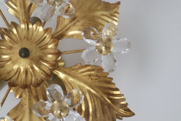 Florentine Floral Gold Ceiling Light with Crystal Flowers, 1970s-ESB-2035602