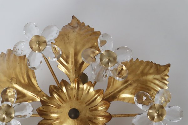 Florentine Floral Gold Ceiling Light with Crystal Flowers, 1970s-ESB-2035602