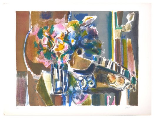 Flowers And Guitar - Original Lithograph by Jean Marzelle - 1970s 1970s-ZCI-761035