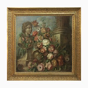 Flowers and Ruins Painting, Italian School, Oil on Canvas, Framed-YUW-1299949