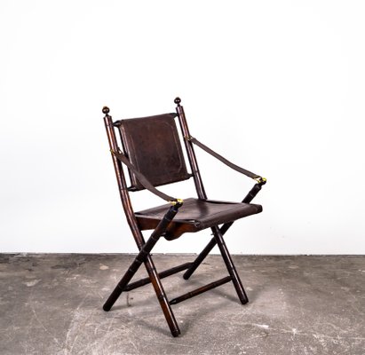 Folding Chair in Mahogany, Faux Bamboo, Leather and Brass, 1960s-XTS-1000301