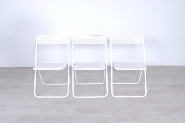 Folding Chairs in White Enamelled Iron,1960 - 70s, Set of 3-XSG-1071135