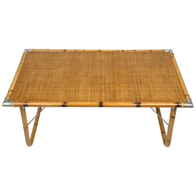 Folding Coffee Table in Bamboo, Rattan, Wicker with Steel Corners, Italy, 1970s-LYQ-1176247