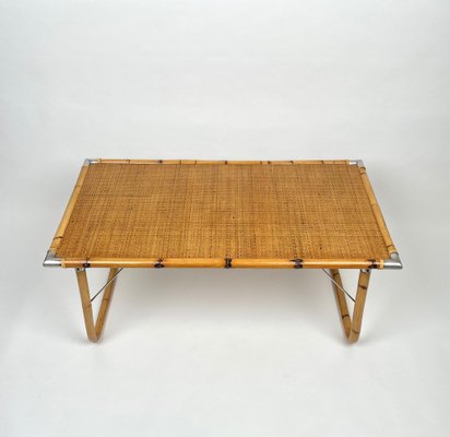 Folding Coffee Table in Bamboo, Rattan, Wicker with Steel Corners, Italy, 1970s-LYQ-1176247