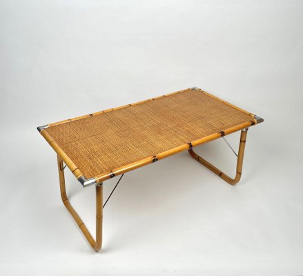 Folding Coffee Table in Bamboo, Rattan, Wicker with Steel Corners, Italy, 1970s-LYQ-1176247