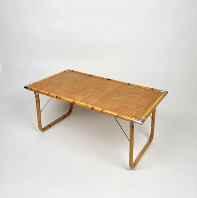 Folding Coffee Table in Bamboo, Rattan, Wicker with Steel Corners, Italy, 1970s-LYQ-1176247