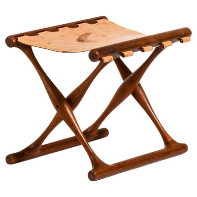 Folding Stool in Teak and Original Natural Leather attributed to Poul Hundevad, 1950s-SC-2020804