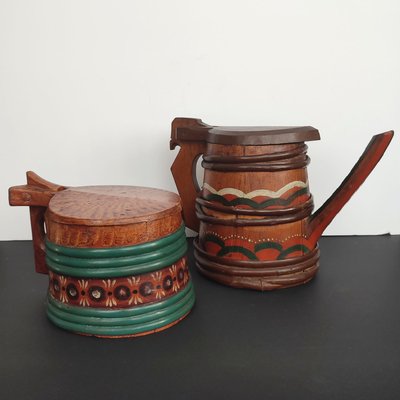 Folk Art Swedish Wooden Lidded Tankards, 1920s, Set of 2-YGE-1425084