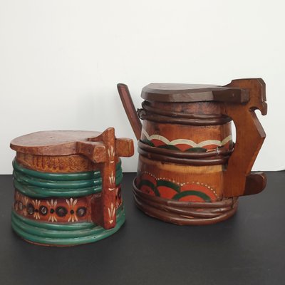 Folk Art Swedish Wooden Lidded Tankards, 1920s, Set of 2-YGE-1425084