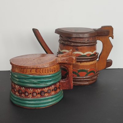 Folk Art Swedish Wooden Lidded Tankards, 1920s, Set of 2-YGE-1425084