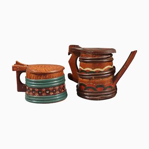 Folk Art Swedish Wooden Lidded Tankards, 1920s, Set of 2-YGE-1425084