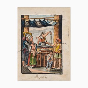 Food Seller - Original Ink and Watercolor by Anonymous Neapolitan Master - 1800 Early 19th Century-ZCI-757299