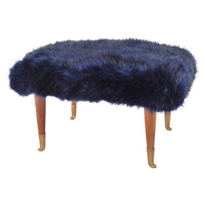 Footstool with Faux Fur Seat, 1940s-CGZ-1795482