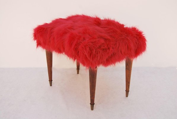 Footstool with Faux Fur Seat, 1940s-CGZ-1795481