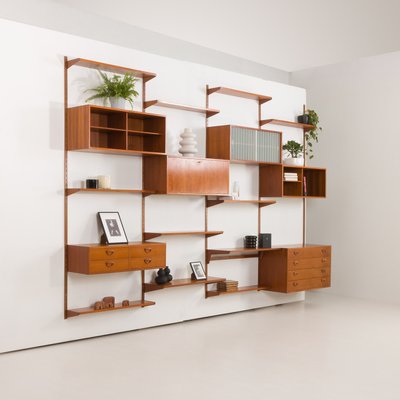 Four Bay Teak Wall Unit with a Dresser by Kai Kristiansen for Fm Møbler, Denmark, 1960s-UE-2022943