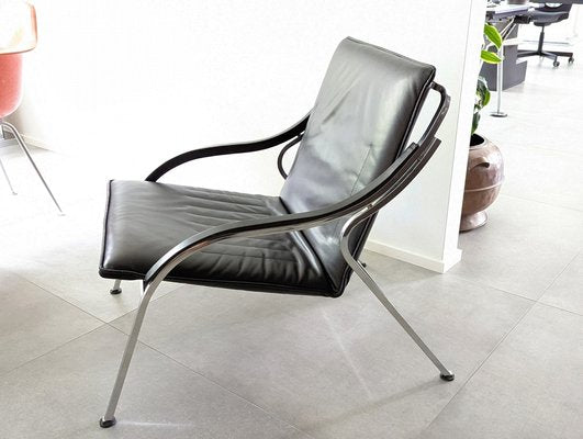 Fourline Armchair in Black Leather and Chrome Plated Metal by Marco Zanuso for Arflex, 1970s-RD-1819405