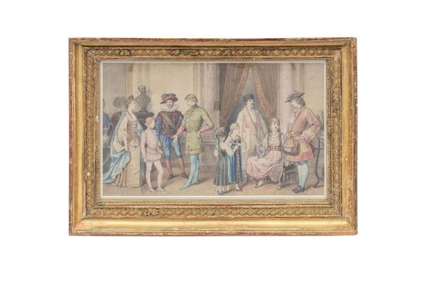 Framed Costume Ball Scene Watercolor, 1850s-CEJ-626725