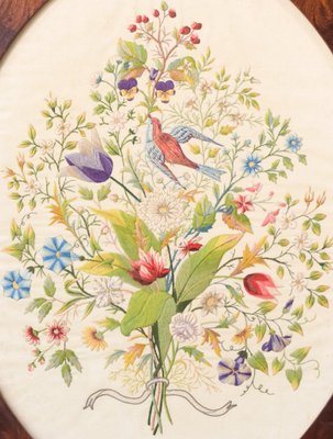 Framed Embroidery with Flowers and Birds-AOI-1106753