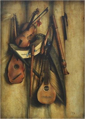 Francesca Strino, Italian Still Life of Musical Instruments, Oil on Canvas, Framed-YUW-1311899