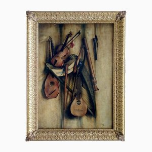 Francesca Strino, Italian Still Life of Musical Instruments, Oil on Canvas, Framed-YUW-1311899