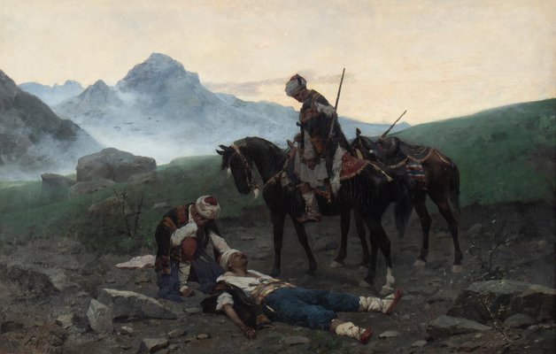 Franz Roubaud, Soldiers in Caucasus, 1883, Painting, Framed-ABO-1814077