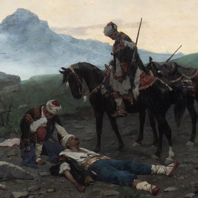 Franz Roubaud, Soldiers in Caucasus, 1883, Painting, Framed-ABO-1814077