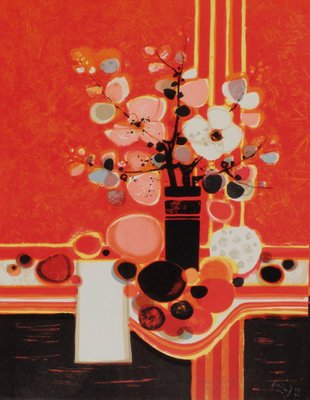 Frédéric Menguy, Bouquet Fond Rouge, 1973, Lithograph on Arches Paper-FMZ-1155381