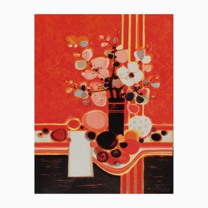 Frédéric Menguy, Bouquet Fond Rouge, 1973, Lithograph on Arches Paper-FMZ-1155381