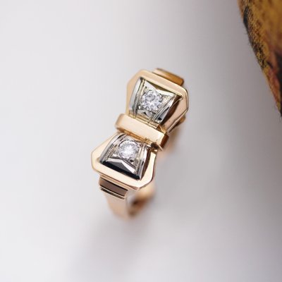 French 18 Karat Rose Gold Knot Tank Ring with Diamonds, 1950s-OLU-1781015