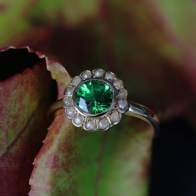 French 18 Karat Yellow Gold Ring with Tsavorite Green Garnet and Fine Pearl-OLU-1731251