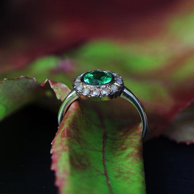 French 18 Karat Yellow Gold Ring with Tsavorite Green Garnet and Fine Pearl-OLU-1731251