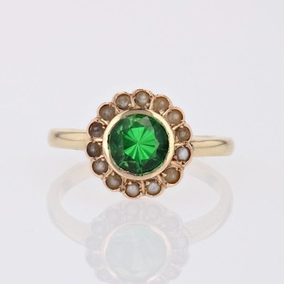 French 18 Karat Yellow Gold Ring with Tsavorite Green Garnet and Fine Pearl-OLU-1731251