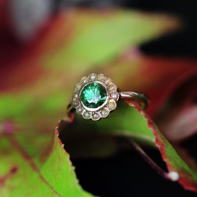 French 18 Karat Yellow Gold Ring with Tsavorite Green Garnet and Fine Pearl-OLU-1731251