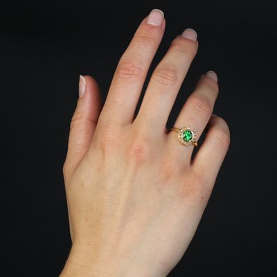 French 18 Karat Yellow Gold Ring with Tsavorite Green Garnet and Fine Pearl-OLU-1731251