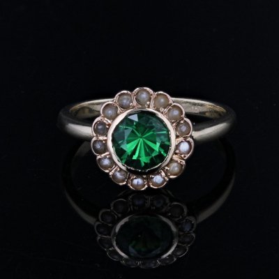 French 18 Karat Yellow Gold Ring with Tsavorite Green Garnet and Fine Pearl-OLU-1731251