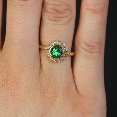 French 18 Karat Yellow Gold Ring with Tsavorite Green Garnet and Fine Pearl-OLU-1731251