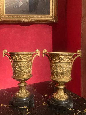 French 18th Century Louis XVI Ormolu Vases with Handles and Relief Putto on Black Belgian Marble Bases, Set of 2-AXE-1720640