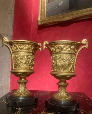 French 18th Century Louis XVI Ormolu Vases with Handles and Relief Putto on Black Belgian Marble Bases, Set of 2-AXE-1720640