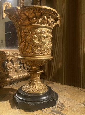 French 18th Century Louis XVI Ormolu Vases with Handles and Relief Putto on Black Belgian Marble Bases, Set of 2-AXE-1720640