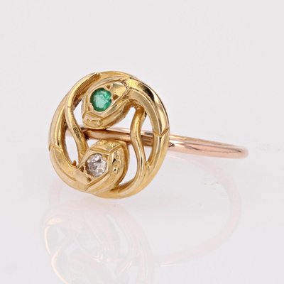 French 19th Century 18 Karat Yellow and Rose Gold Snake Ring with Emerald and Diamond-OLU-1786047