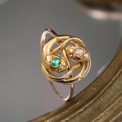 French 19th Century 18 Karat Yellow and Rose Gold Snake Ring with Emerald and Diamond-OLU-1786047