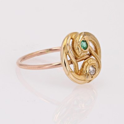 French 19th Century 18 Karat Yellow and Rose Gold Snake Ring with Emerald and Diamond-OLU-1786047