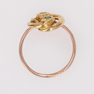 French 19th Century 18 Karat Yellow and Rose Gold Snake Ring with Emerald and Diamond-OLU-1786047