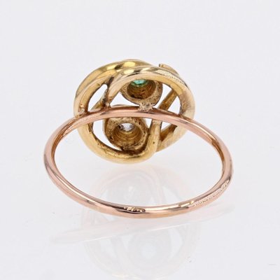 French 19th Century 18 Karat Yellow and Rose Gold Snake Ring with Emerald and Diamond-OLU-1786047