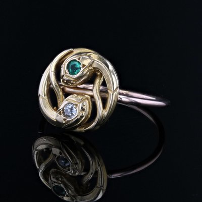 French 19th Century 18 Karat Yellow and Rose Gold Snake Ring with Emerald and Diamond-OLU-1786047