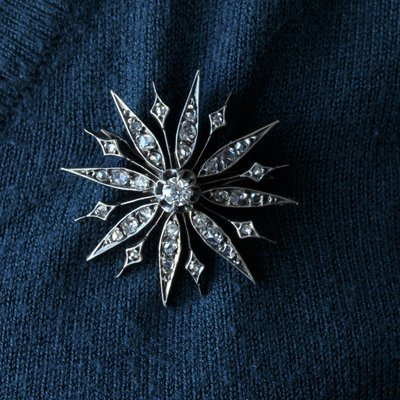 French 19th Century Diamonds and 18 Karat Yellow Gold Silver Snowflake Brooch-OLU-896717